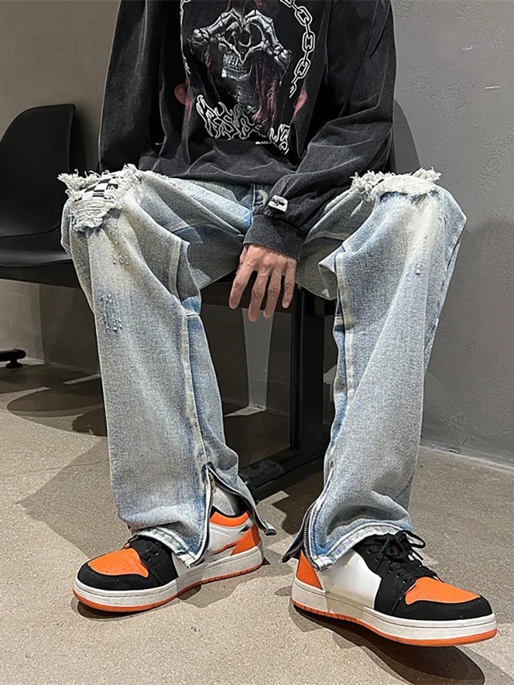 Creative Design Ripped Checkerboard Mid-Rise Jeans