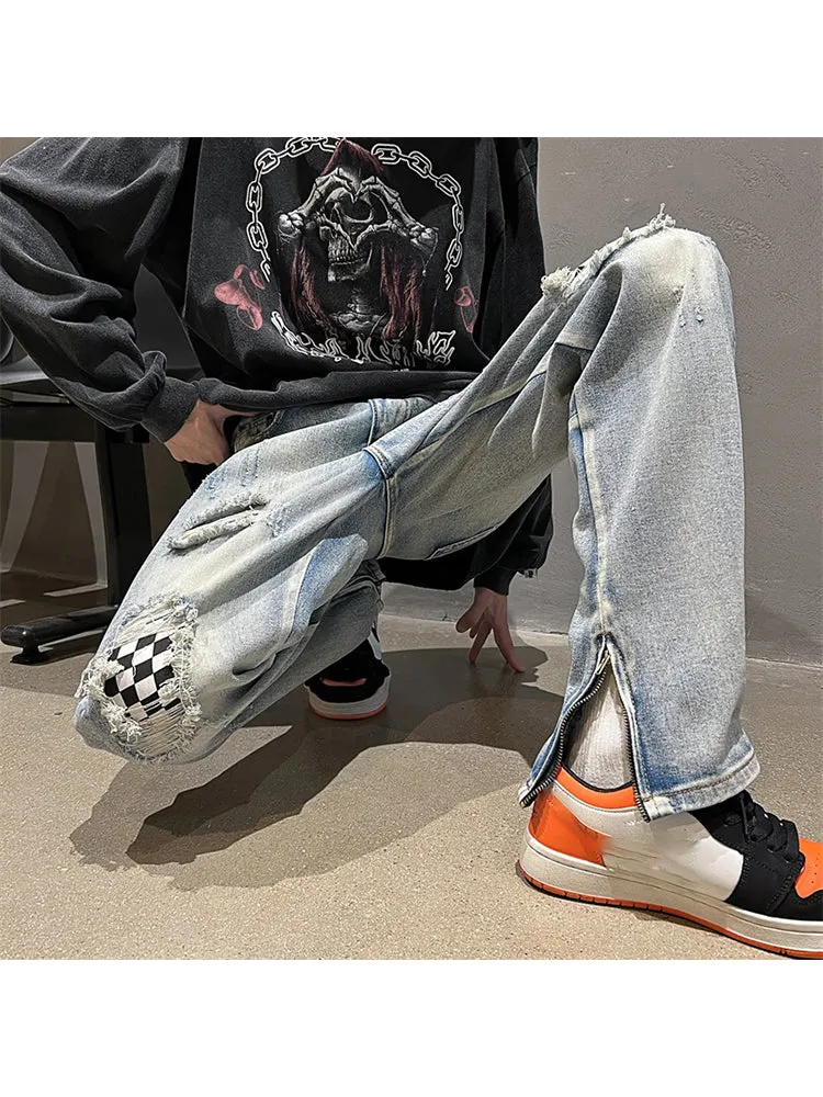 Creative Design Ripped Checkerboard Mid-Rise Jeans