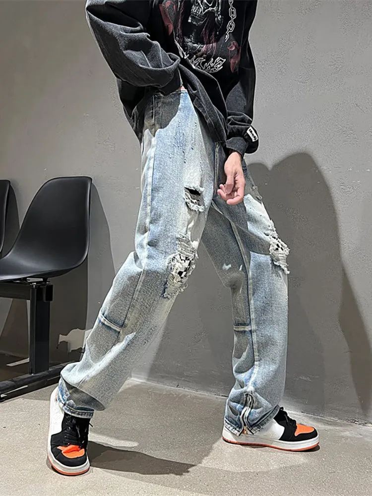 Creative Design Ripped Checkerboard Mid-Rise Jeans