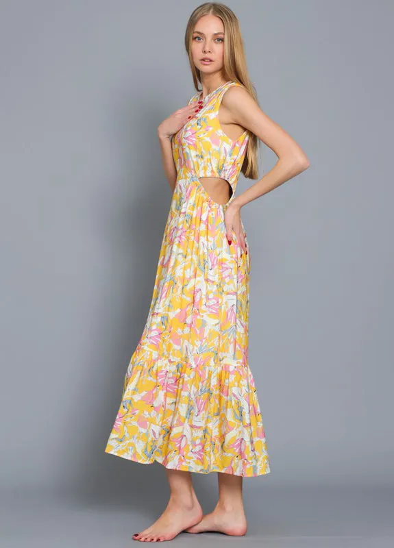 Cut Out Detail Yellow Midi Dress