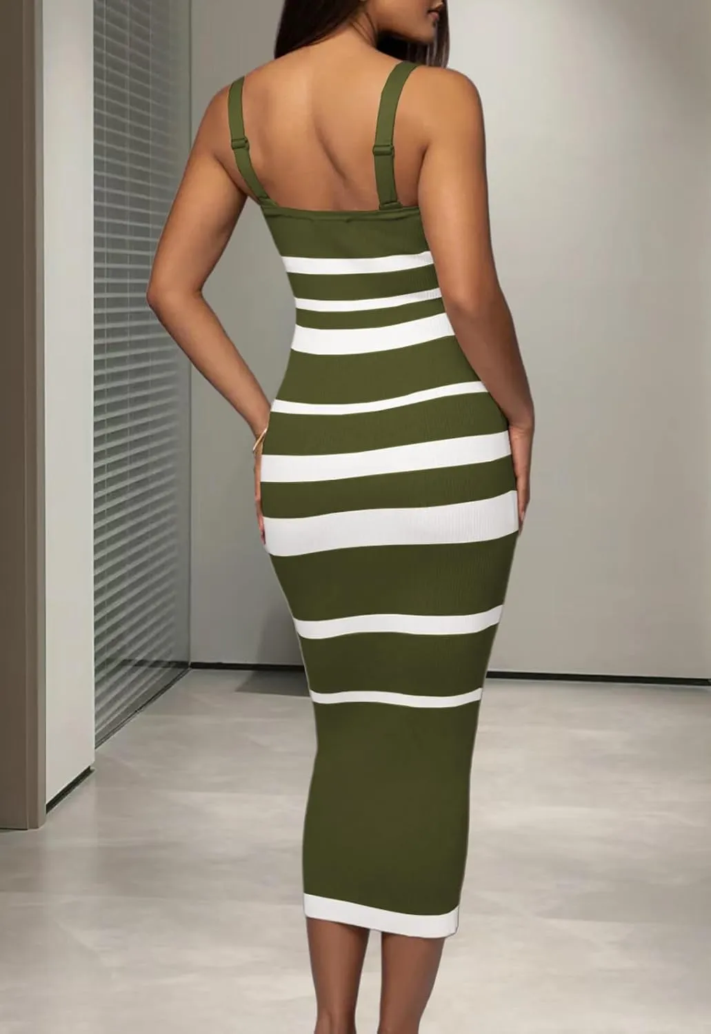 CutieLove Women's Casual Sleeveless Striped Bodycon Midi Dress Square Neck Ribbed Knit Dresses