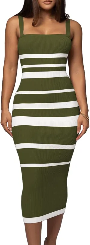 CutieLove Women's Casual Sleeveless Striped Bodycon Midi Dress Square Neck Ribbed Knit Dresses