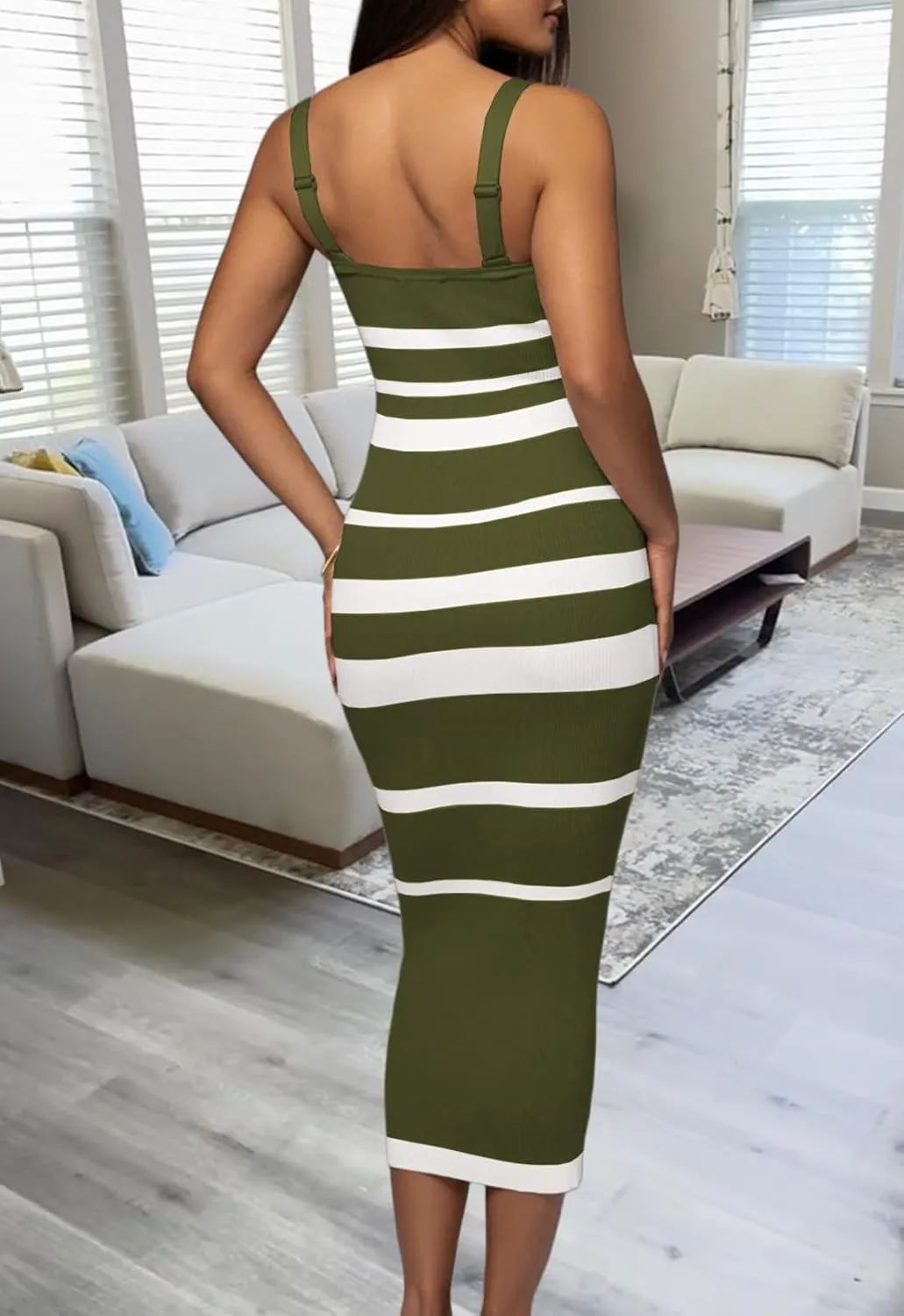 CutieLove Women's Casual Sleeveless Striped Bodycon Midi Dress Square Neck Ribbed Knit Dresses