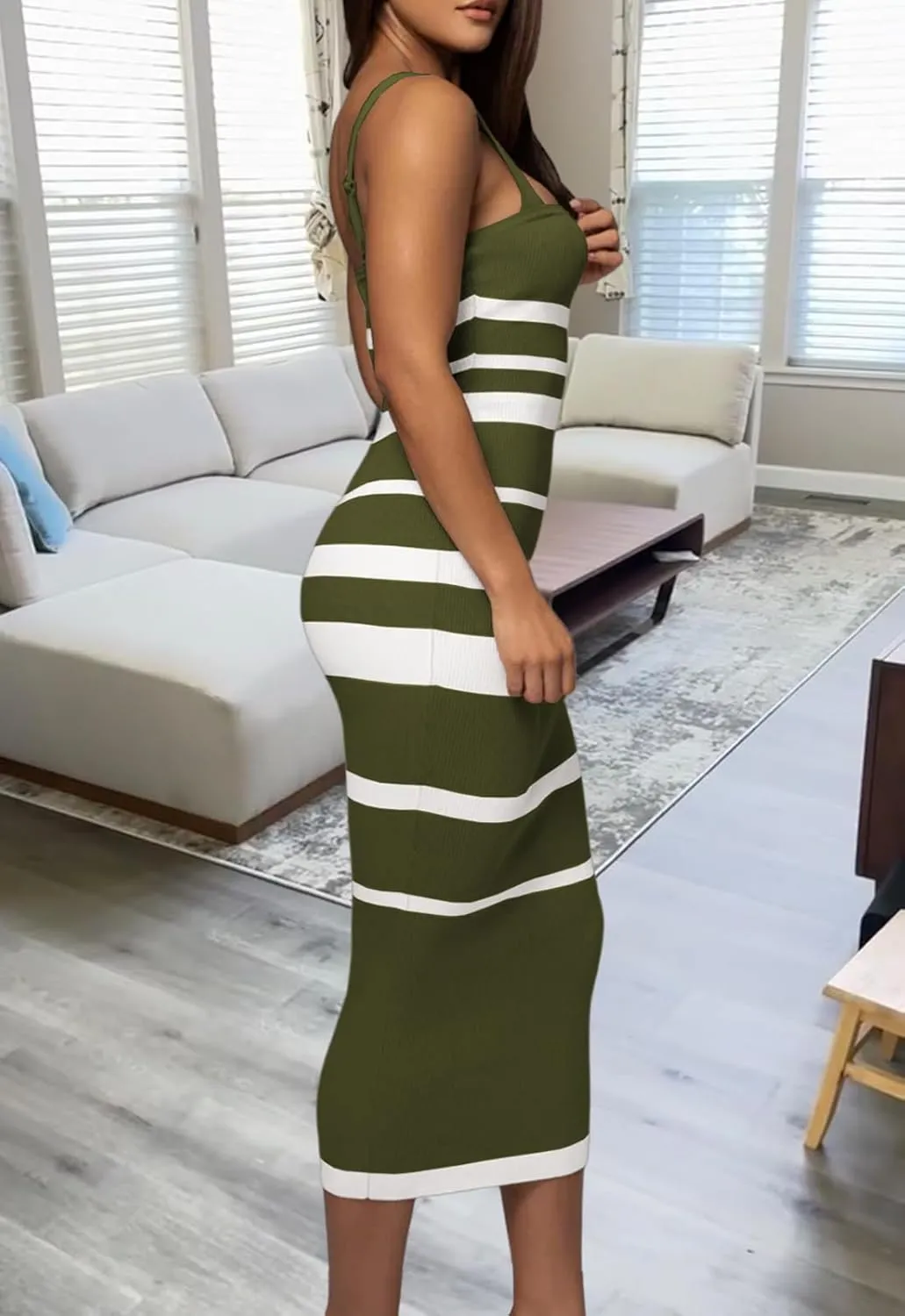 CutieLove Women's Casual Sleeveless Striped Bodycon Midi Dress Square Neck Ribbed Knit Dresses