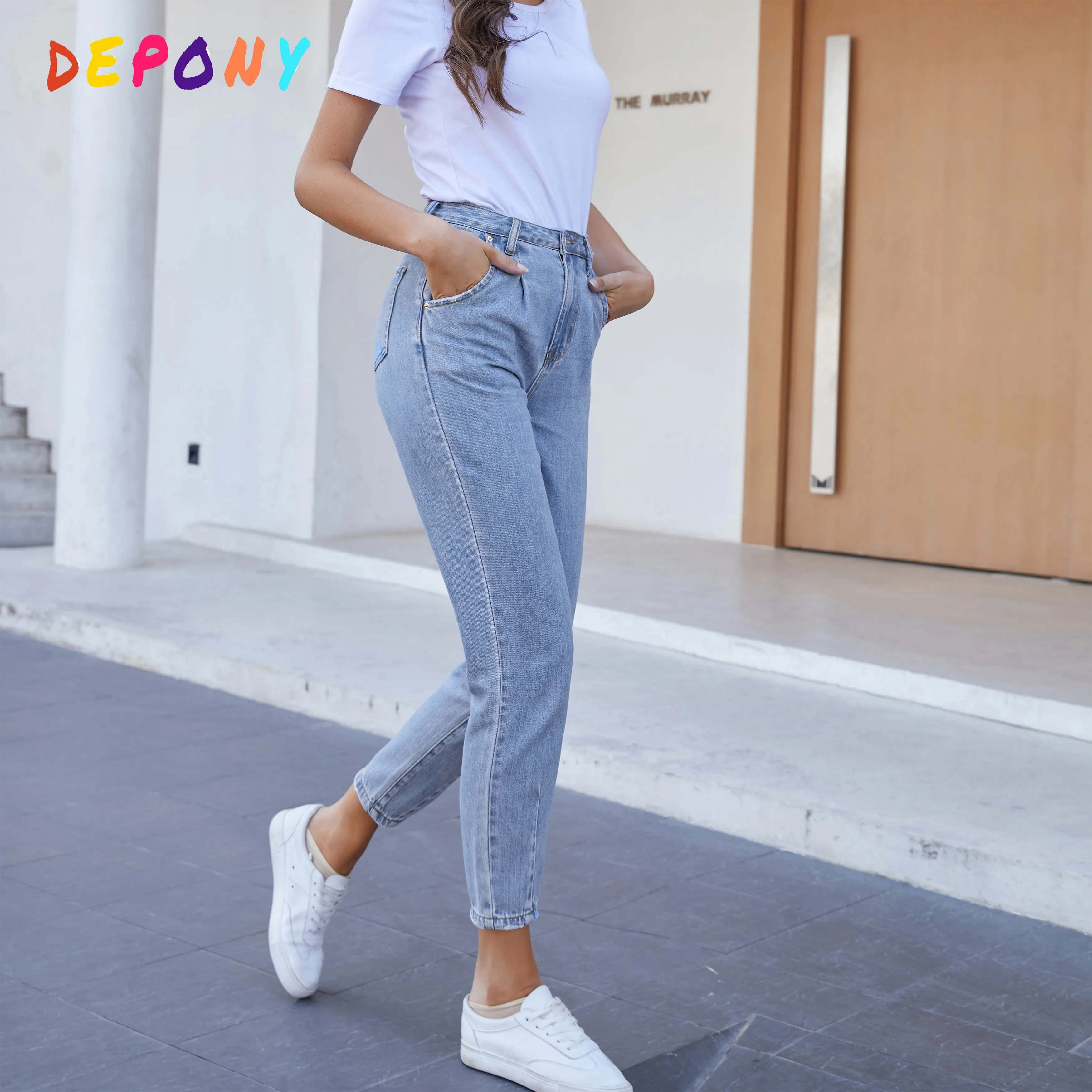 Depony High Waist  Mom Jeans Women Boyfriends Straight Jeans Femme 100% Cotton Loose Vintage Denim pants Vaqueros Mujer