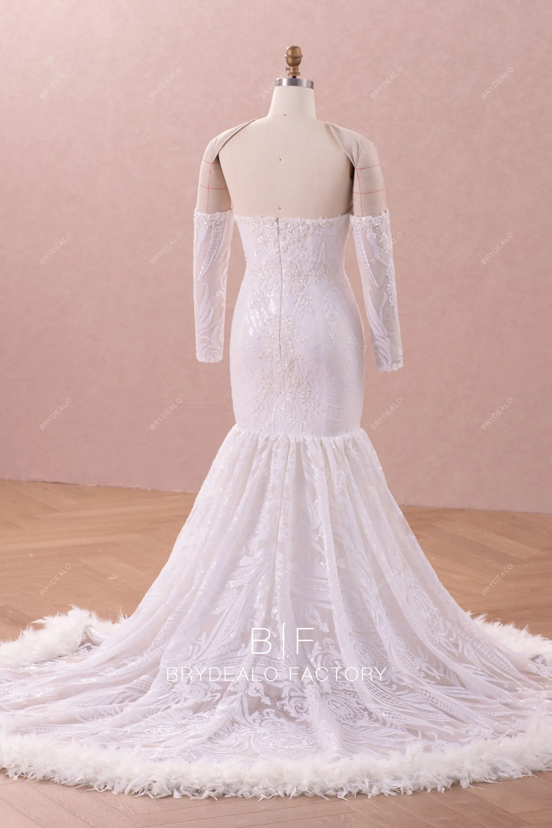 Detachable Off Shoulder Sleeved Sequin Feather Wedding Dress