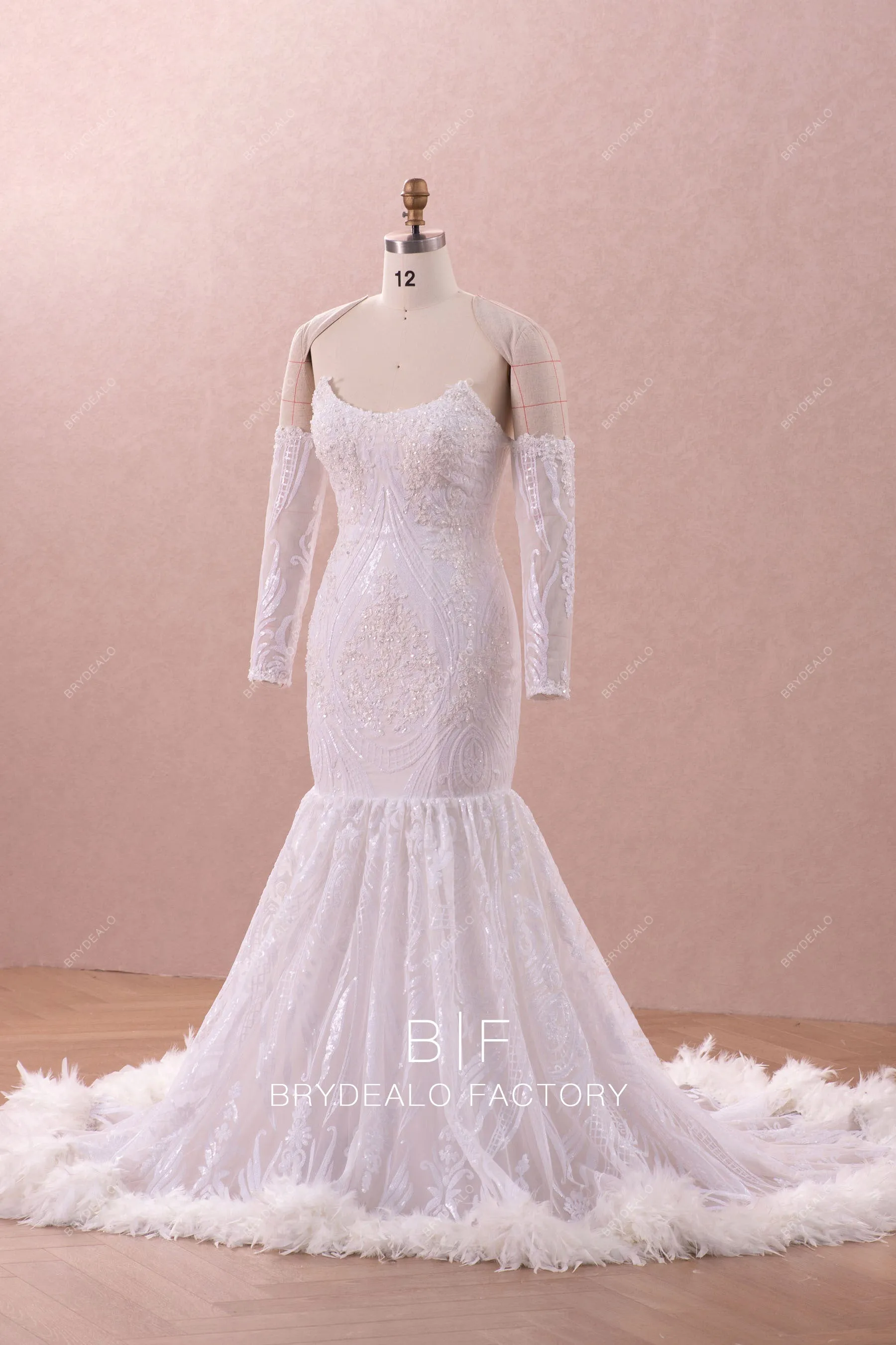 Detachable Off Shoulder Sleeved Sequin Feather Wedding Dress