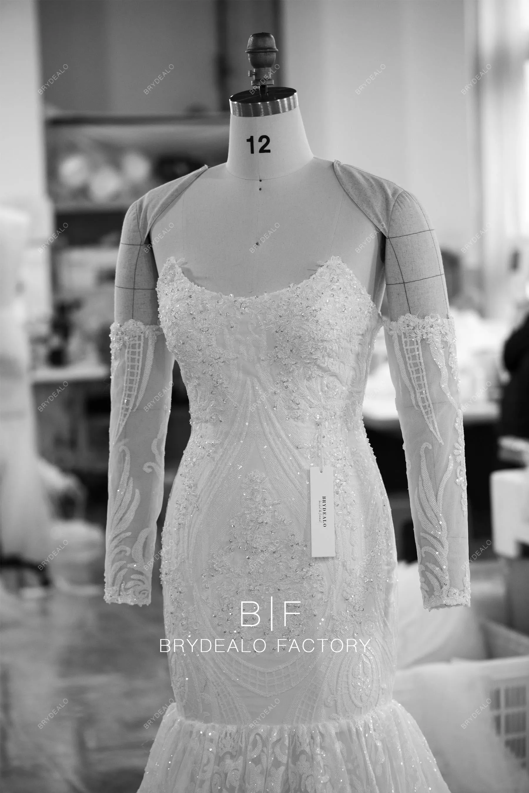 Detachable Off Shoulder Sleeved Sequin Feather Wedding Dress