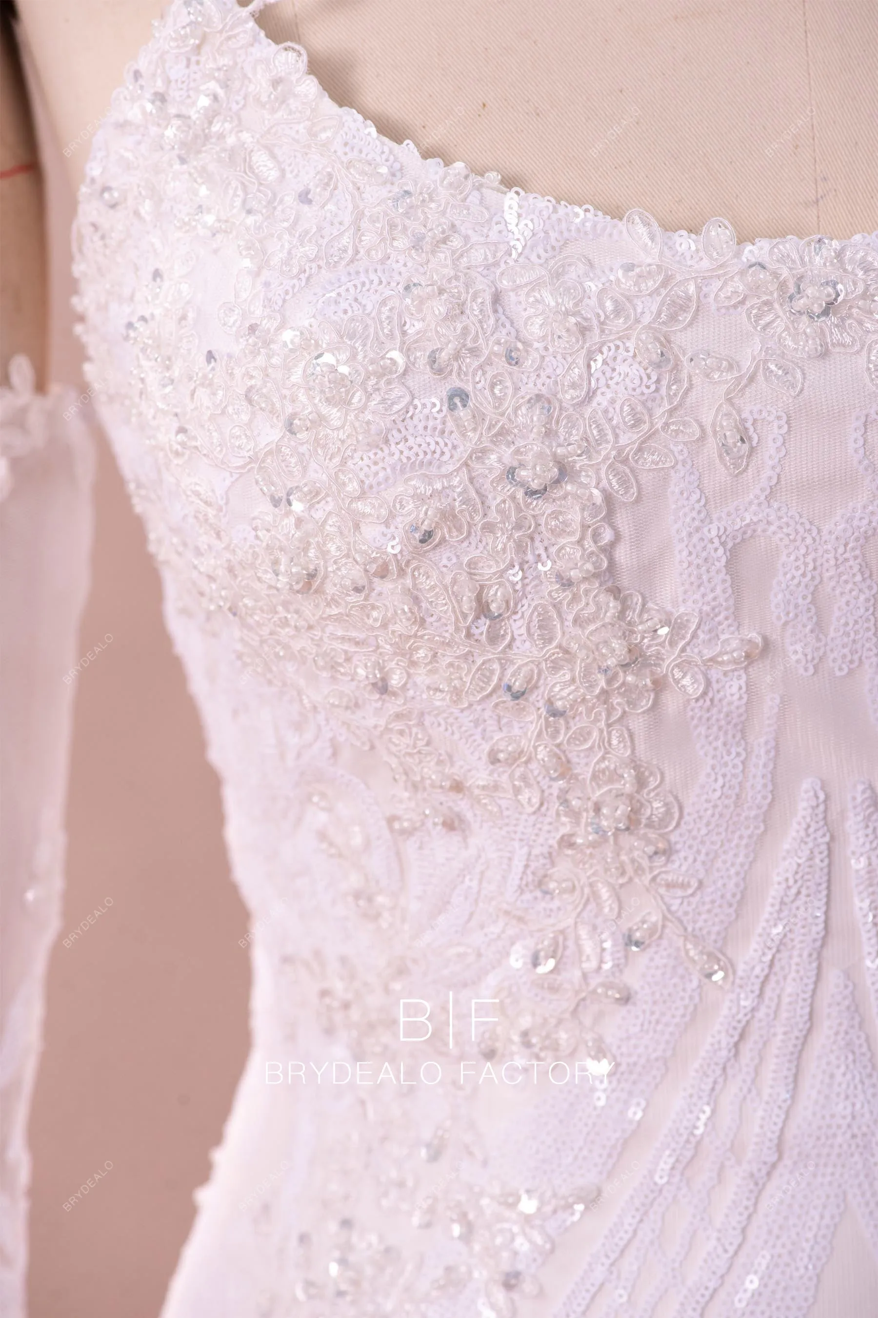 Detachable Off Shoulder Sleeved Sequin Feather Wedding Dress
