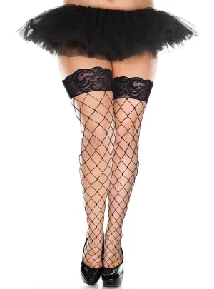 Diamond Net Plus Size Black Lace Top Thigh High Stockings