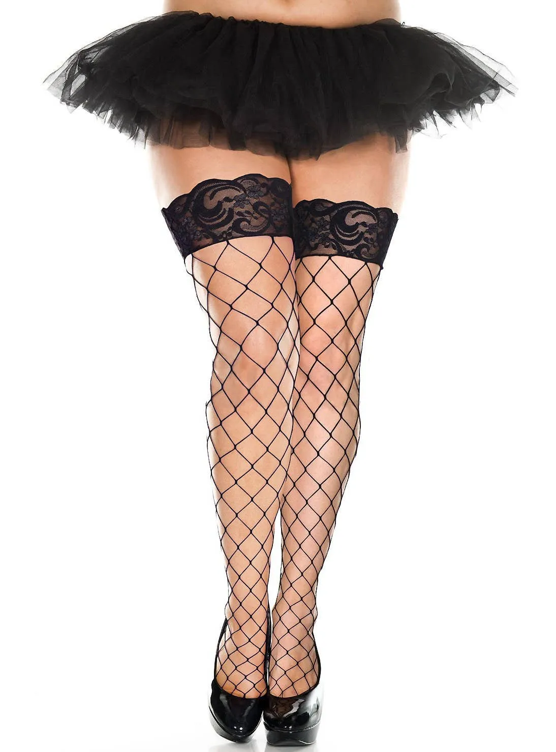 Diamond Net Plus Size Black Lace Top Thigh High Stockings