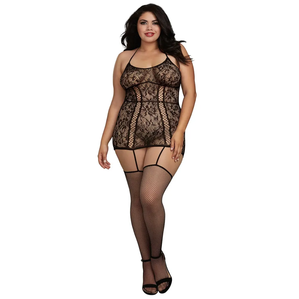 Dreamgirl Lingerie Lace Garter Dress with Criss Cross - Black 0331X
