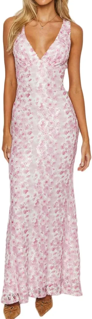 Elegant Lace Floral V Neck Backless Bodycon Dresses for Women Sexy Cut Out Low Back Sleeveless Maxi Dress Wedding Guest