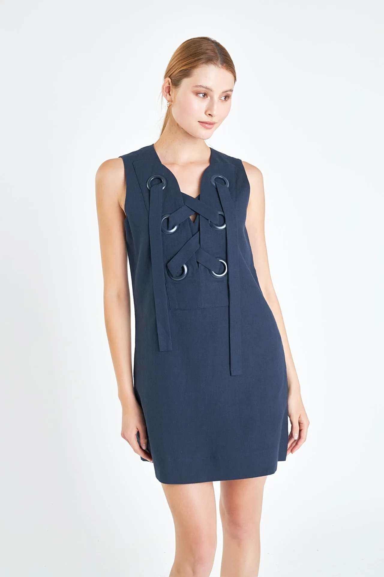 English Factory - Linen Lace Up Front Dress