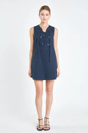 English Factory - Linen Lace Up Front Dress