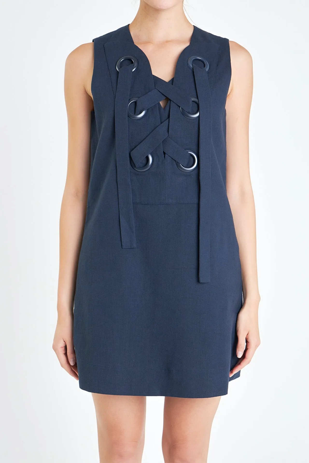 English Factory - Linen Lace Up Front Dress