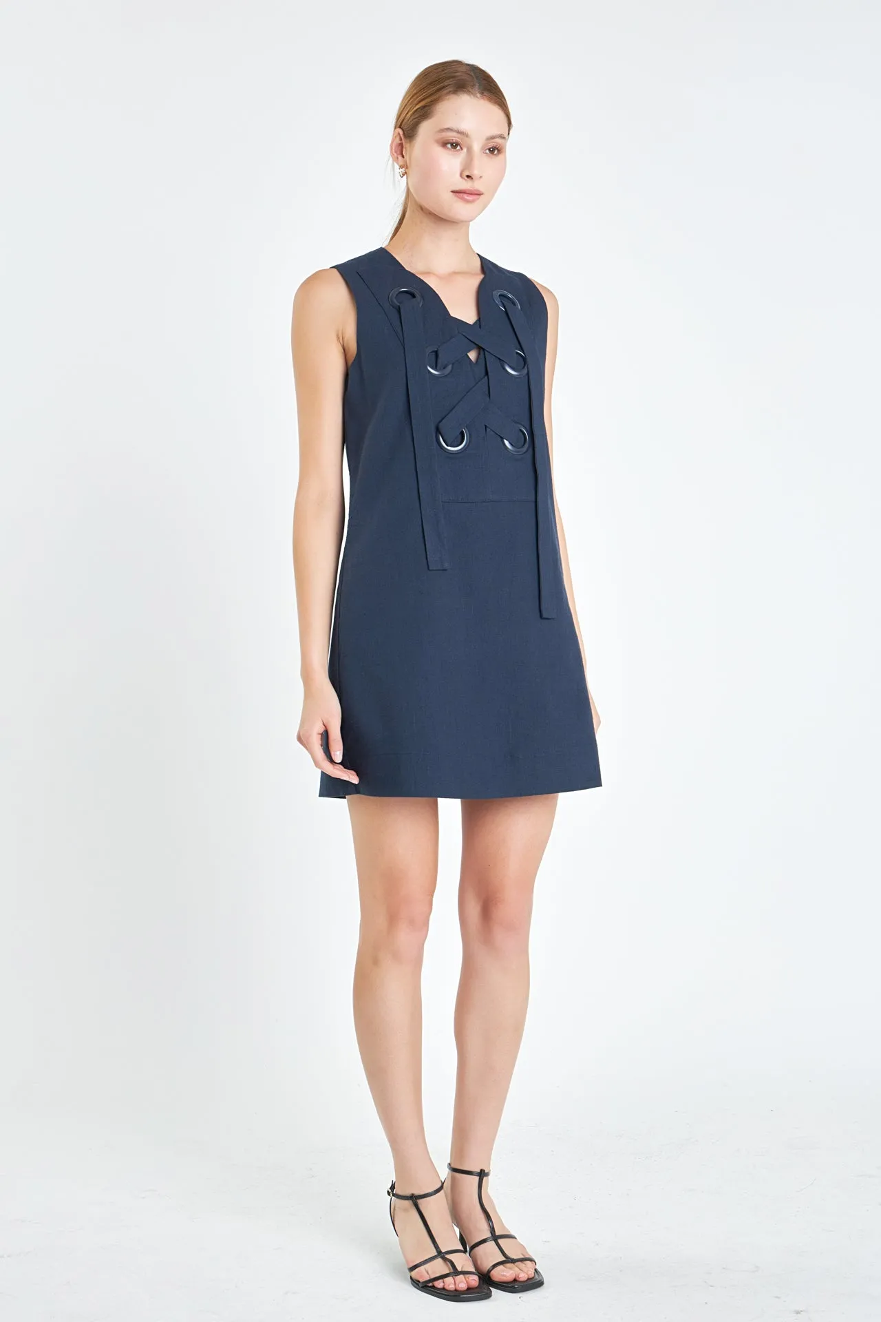English Factory - Linen Lace Up Front Dress