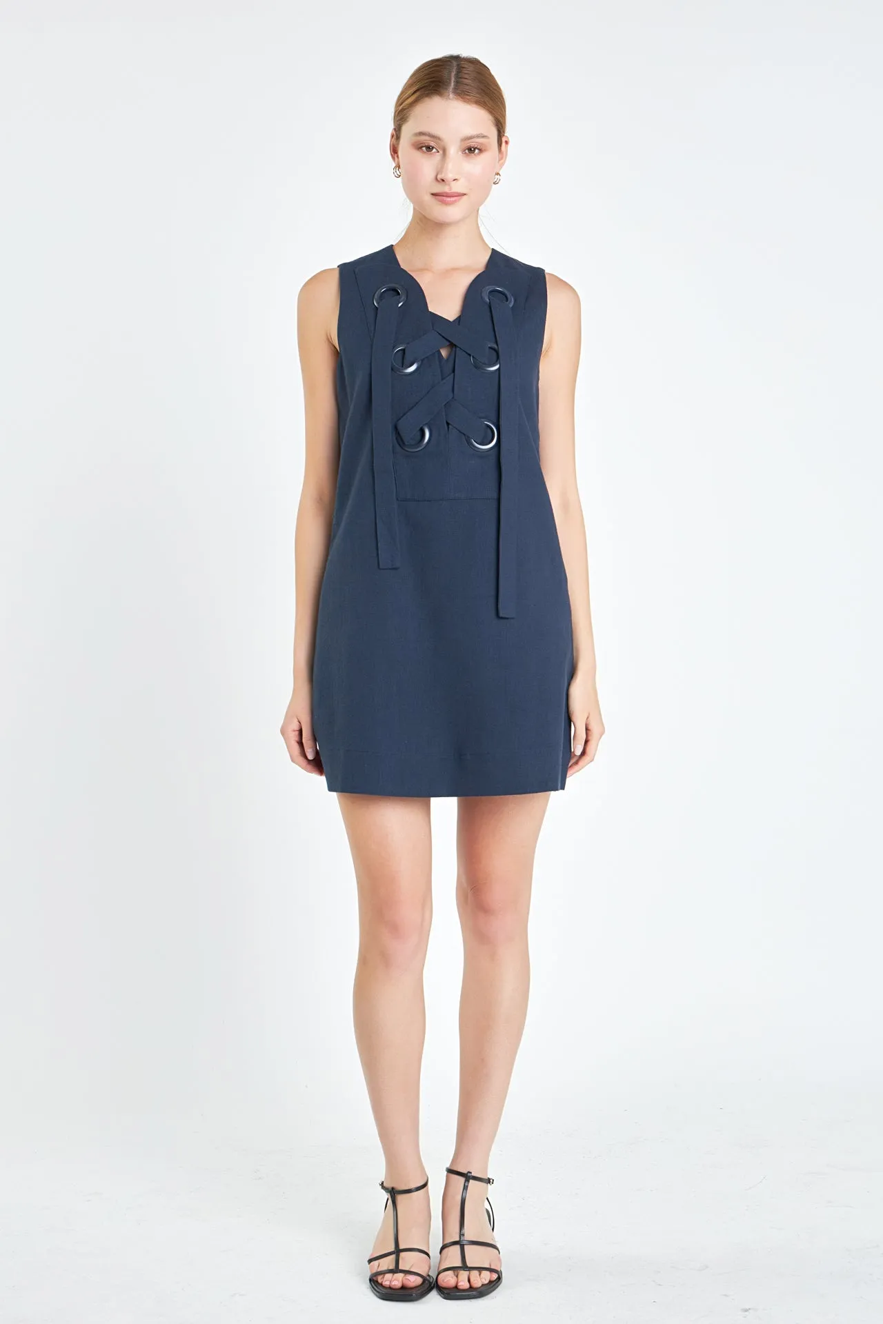 English Factory - Linen Lace Up Front Dress