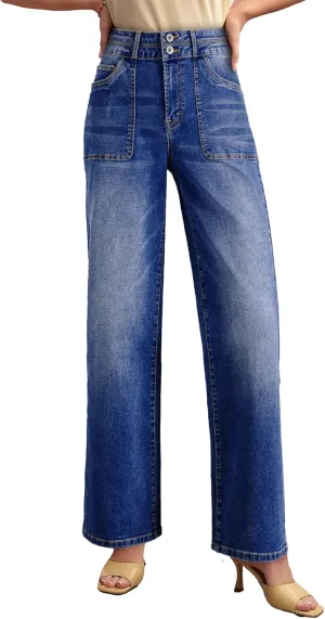 EVALESS Women's Wide Leg Jeans High Waisted Straight Leg Jeans Trendy Stretchy Loose Zimbaplatinum Denim Pants with Pockets