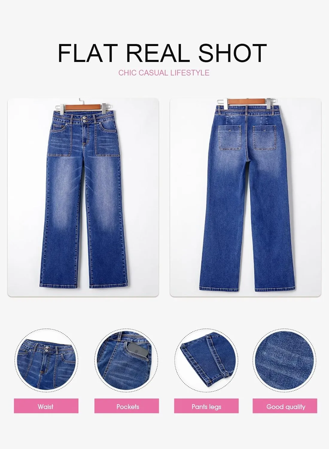 EVALESS Women's Wide Leg Jeans High Waisted Straight Leg Jeans Trendy Stretchy Loose Zimbaplatinum Denim Pants with Pockets