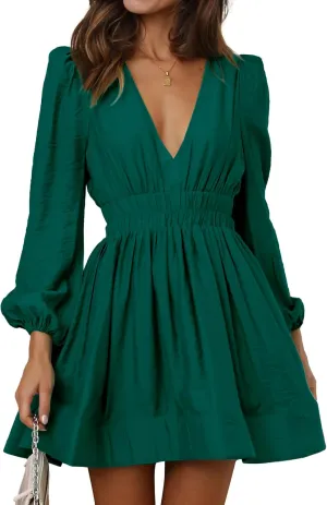 FAIABLE Mini Dress Deep V Sexy Dress Long Sleeve Dress for Women A-line High Waisted Casual Flowy Dress