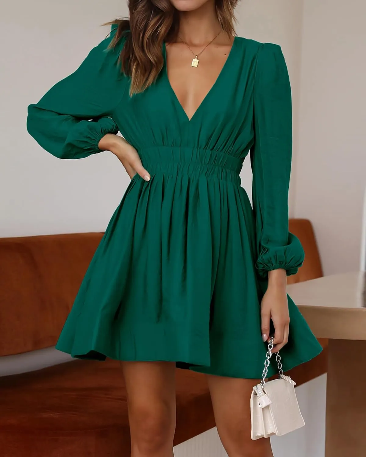 FAIABLE Mini Dress Deep V Sexy Dress Long Sleeve Dress for Women A-line High Waisted Casual Flowy Dress
