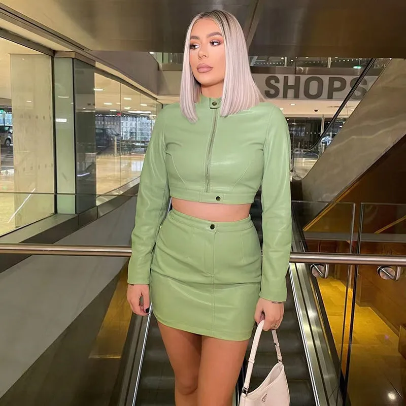 Faux Leather Cropped Jacket And Skirt Set