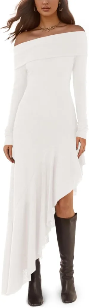 Fisoew Women's Off The Shoulder Long Sleeve Maxi Dress Fall Casual Ruffle Irregular Hem Wedding Guest Dresses