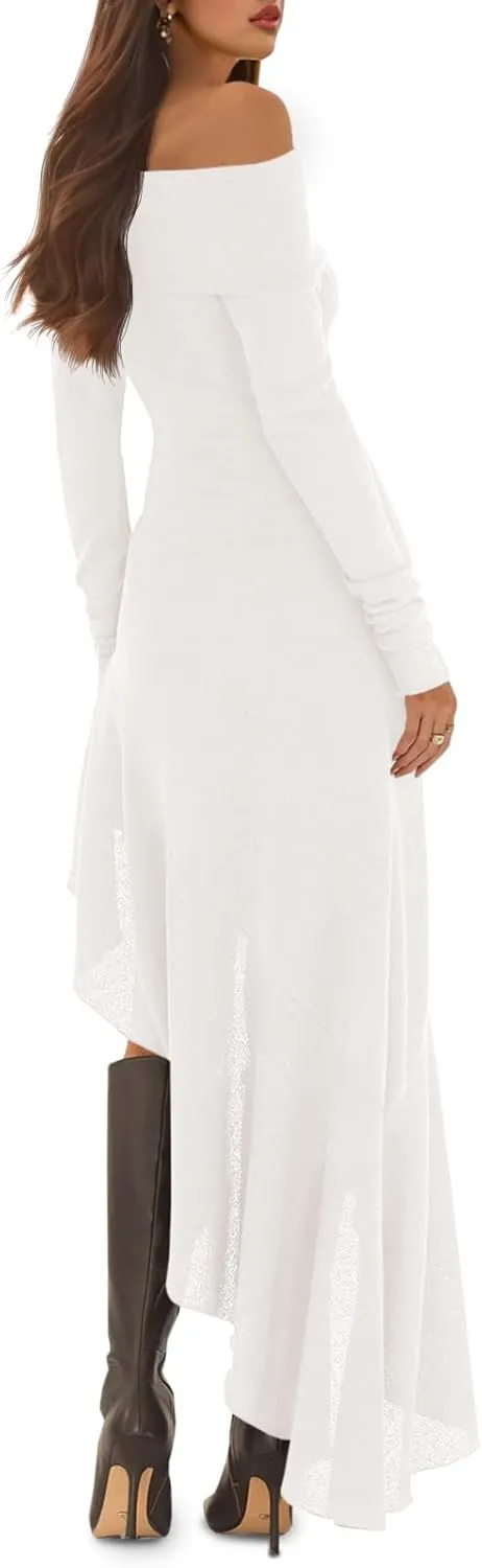 Fisoew Women's Off The Shoulder Long Sleeve Maxi Dress Fall Casual Ruffle Irregular Hem Wedding Guest Dresses