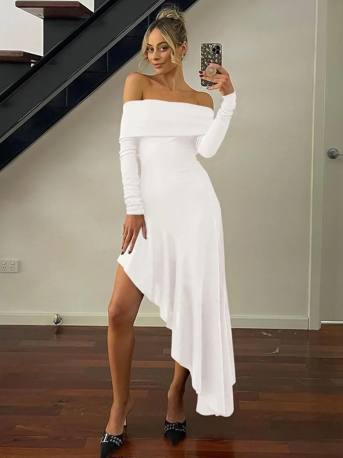 Fisoew Women's Off The Shoulder Long Sleeve Maxi Dress Fall Casual Ruffle Irregular Hem Wedding Guest Dresses