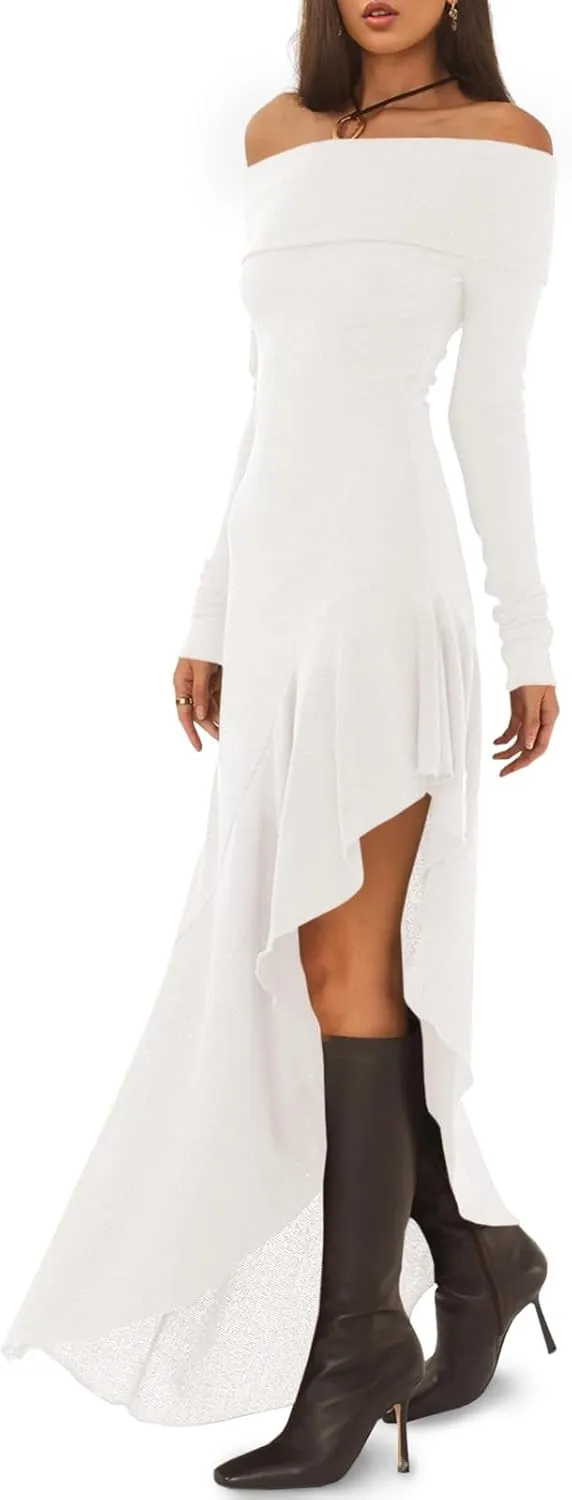 Fisoew Women's Off The Shoulder Long Sleeve Maxi Dress Fall Casual Ruffle Irregular Hem Wedding Guest Dresses