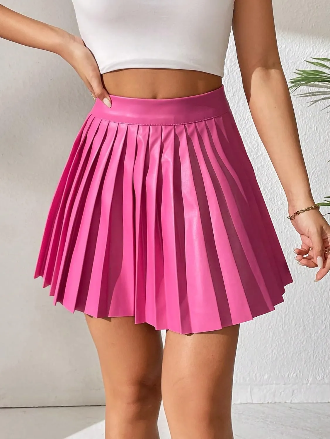 Floerns Women's PU Leather High Waisted Pleated Skirt Faux Leather Party Skater Mini Skirt