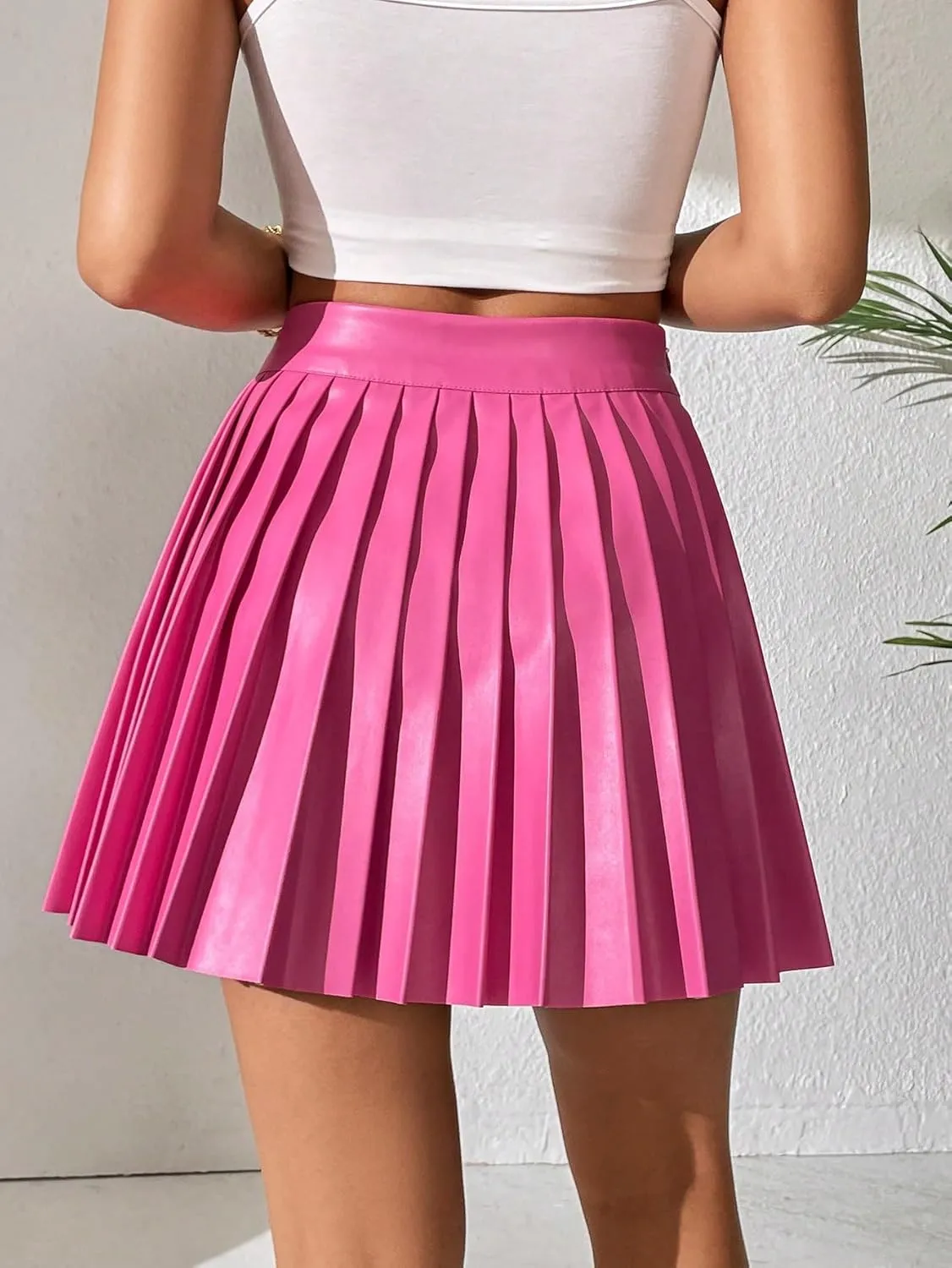 Floerns Women's PU Leather High Waisted Pleated Skirt Faux Leather Party Skater Mini Skirt