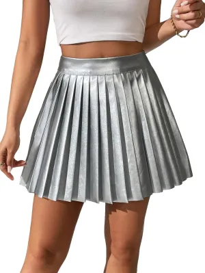 Floerns Women's PU Leather High Waisted Pleated Skirt Faux Leather Party Skater Mini Skirt