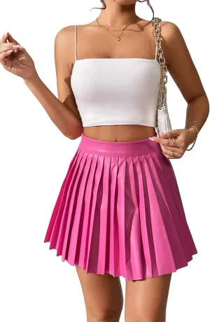 Floerns Women's PU Leather High Waisted Pleated Skirt Faux Leather Party Skater Mini Skirt