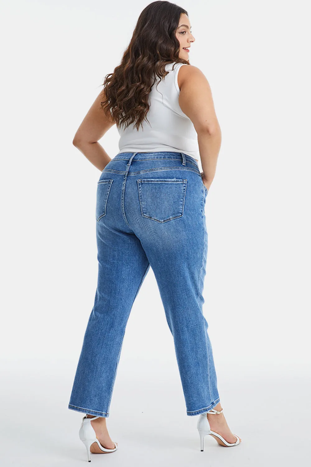 Full Size High Waist Raw Hem Straight Mom Jeans