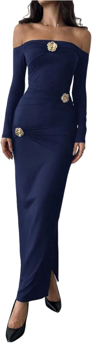 GORGLITTER Women's Flower Off The Shoulder Bodycon Maxi Dress Long Sleeve Ruched Dresses Wedding Guest Going Out Dress