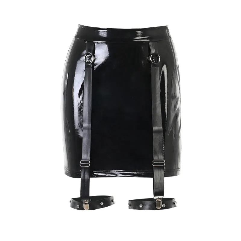 Gothic High-Waisted Studded Bodycon Leather Mini Skirt