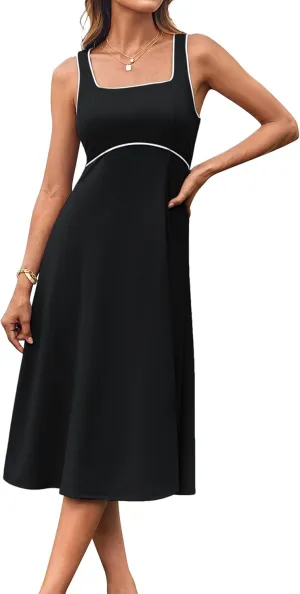 GRACE KARIN Womens 2025 Summer Midi Dresses Casual Sleeveless Square Neck A Line Tank Top Dress Flowy Trendy Work Dress