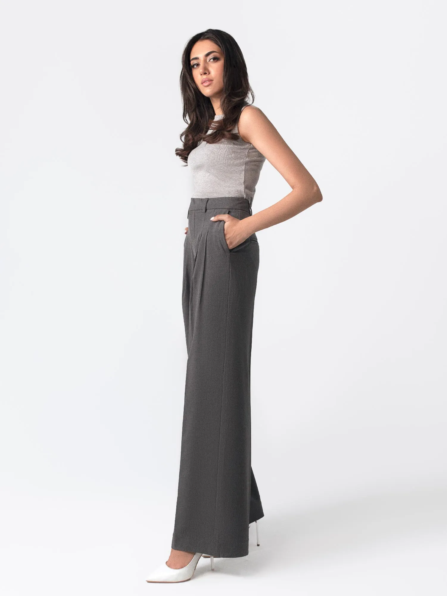 Grey Pleated Wide Leg Pants