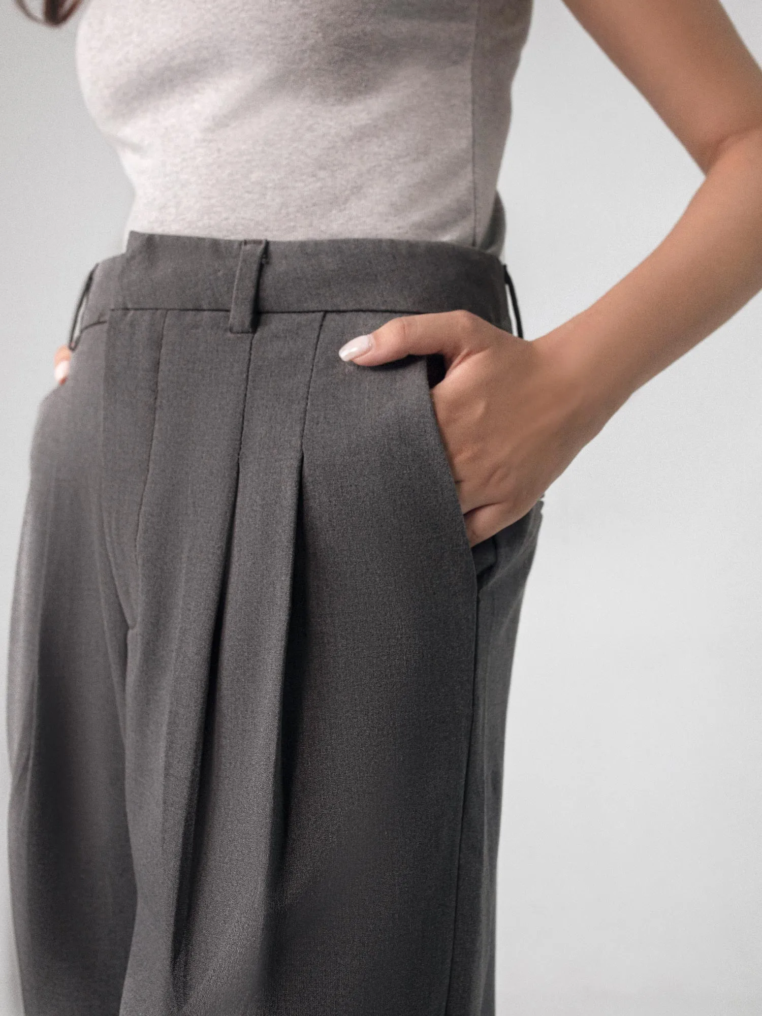 Grey Pleated Wide Leg Pants