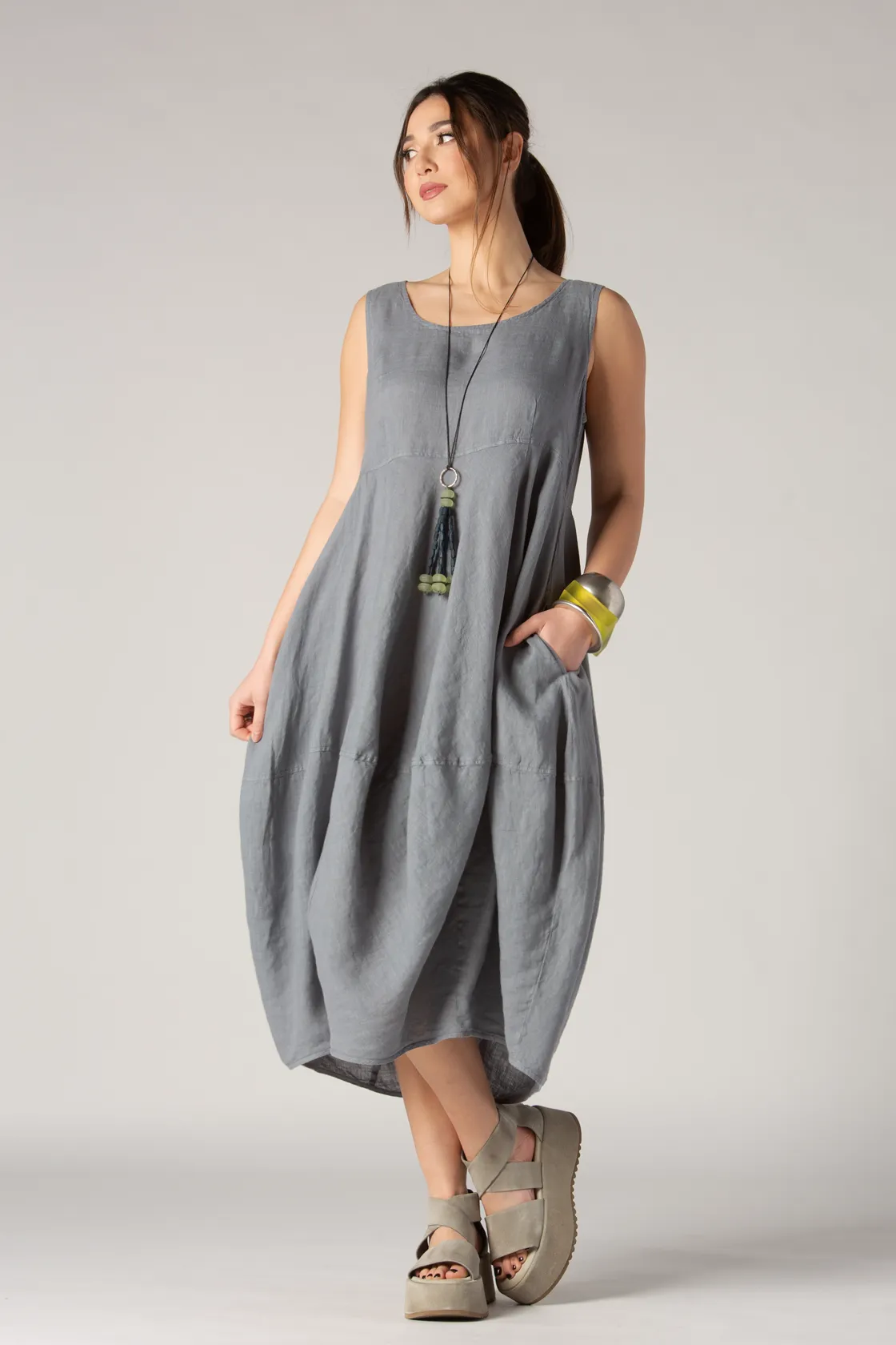 GRIZAS Palloncino Dress in Grey Linen