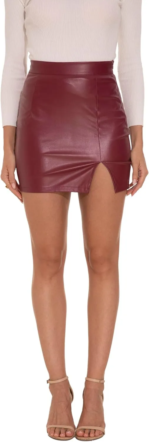 GUANYY Womens Leather Skirt High Waisted Stretchy Slit Faux Pleather Bodycon Party Mini Skirts
