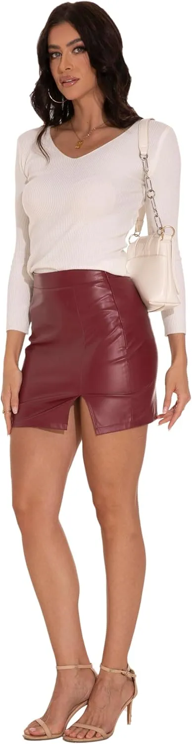 GUANYY Womens Leather Skirt High Waisted Stretchy Slit Faux Pleather Bodycon Party Mini Skirts