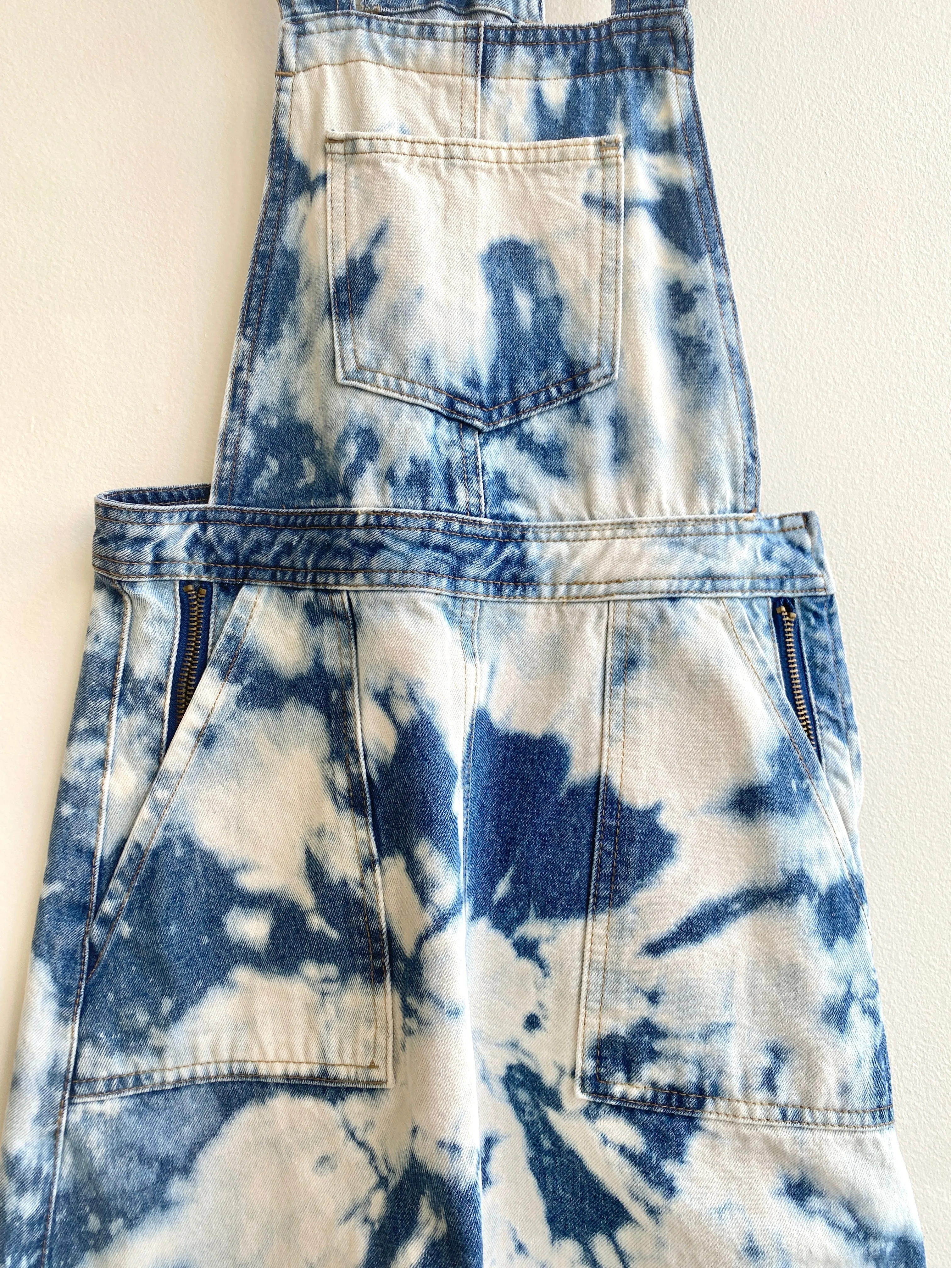 Hand Dyed Blue Acid Wash Denim Overall Mini Dress (Reworked)