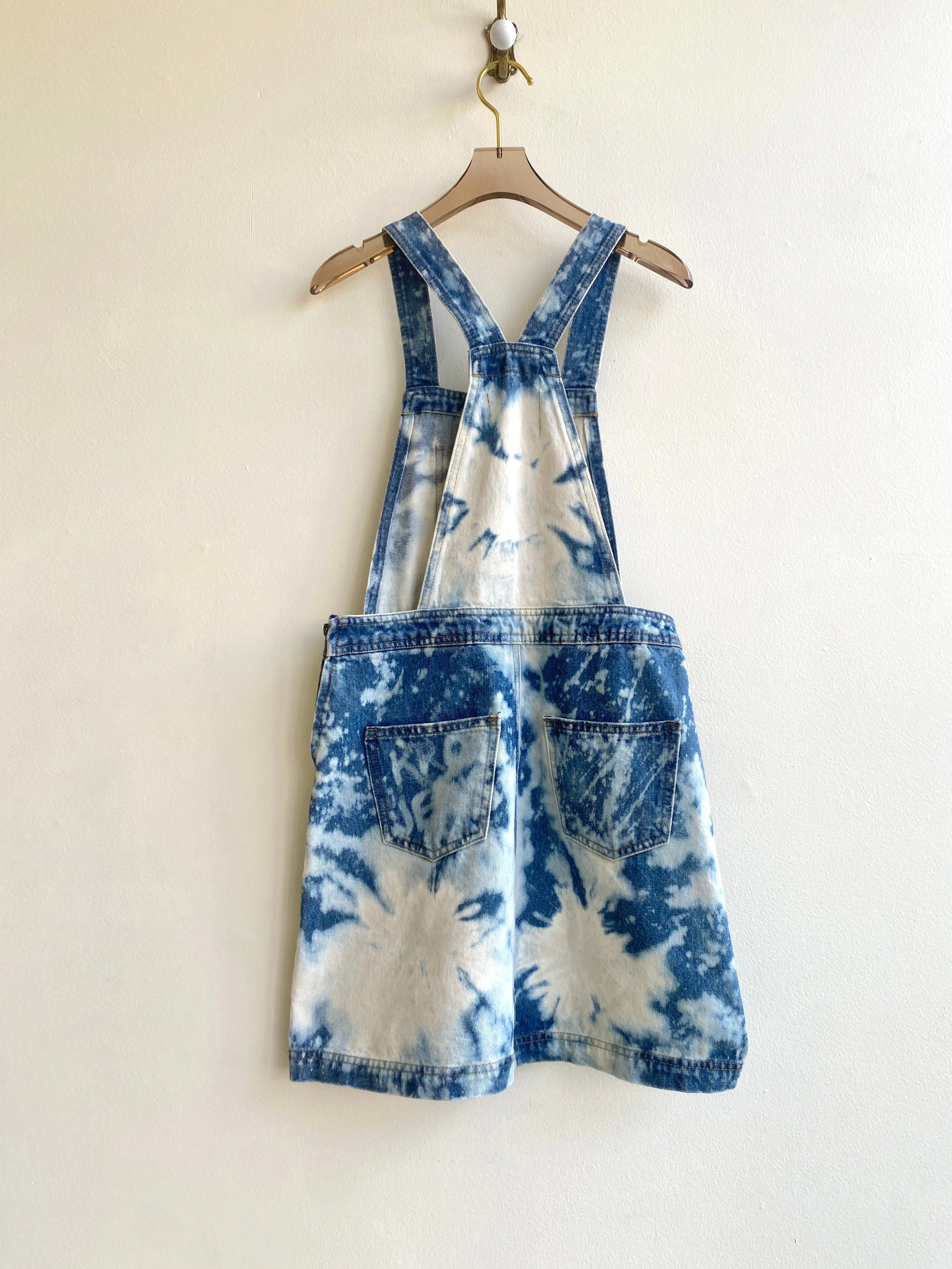 Hand Dyed Blue Acid Wash Denim Overall Mini Dress (Reworked)