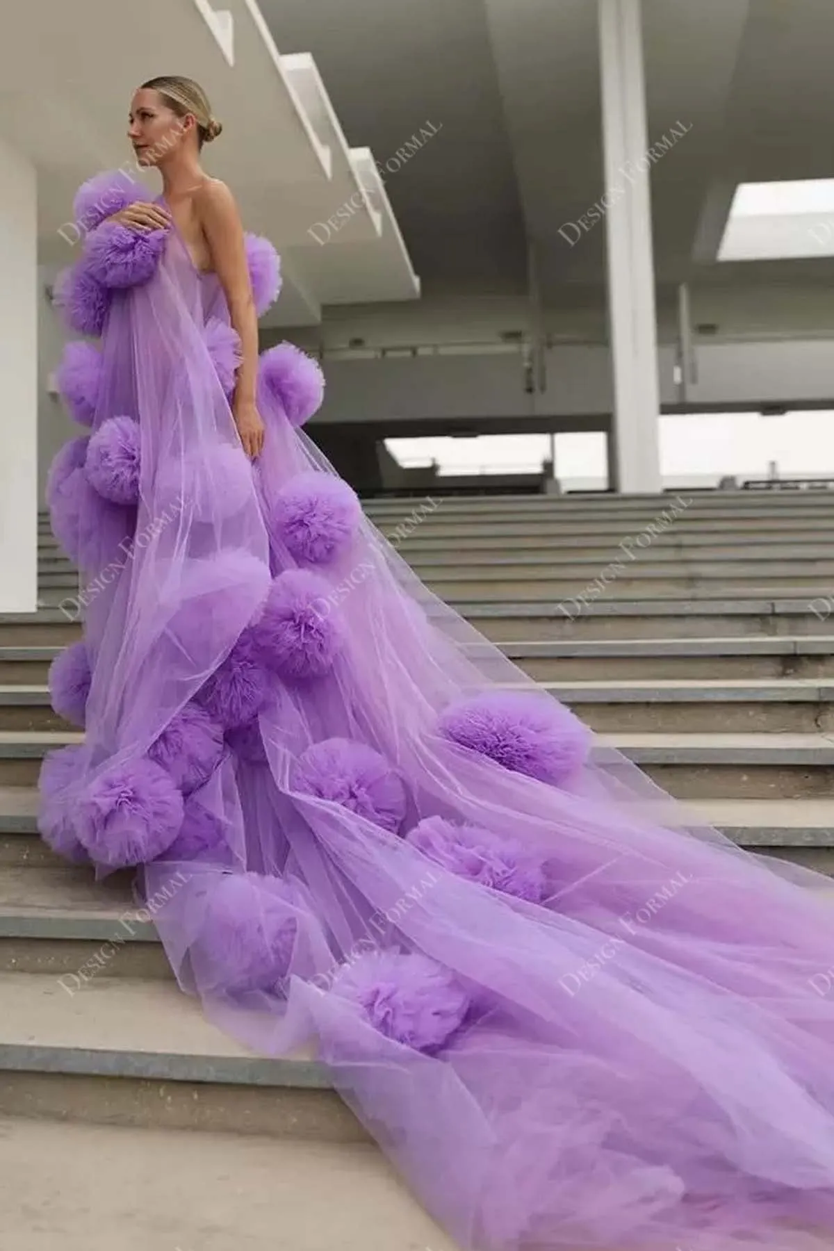 Hand-made Tulle Flowers Lilac Long Train One-shoulder Prom Dress