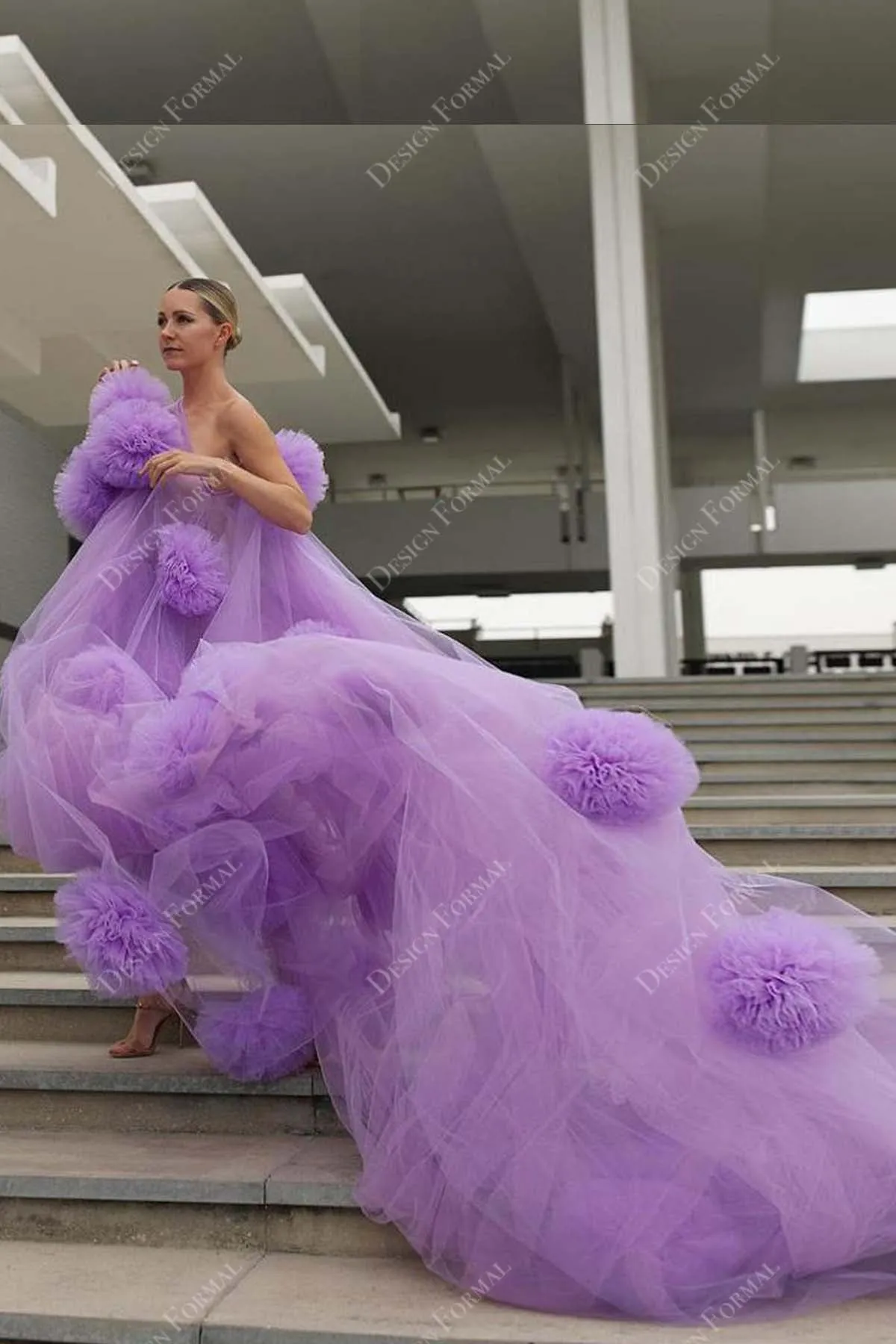Hand-made Tulle Flowers Lilac Long Train One-shoulder Prom Dress