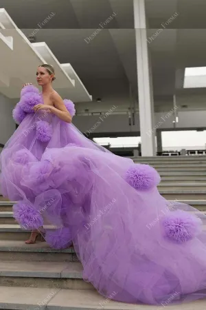 Hand-made Tulle Flowers Lilac Long Train One-shoulder Prom Dress