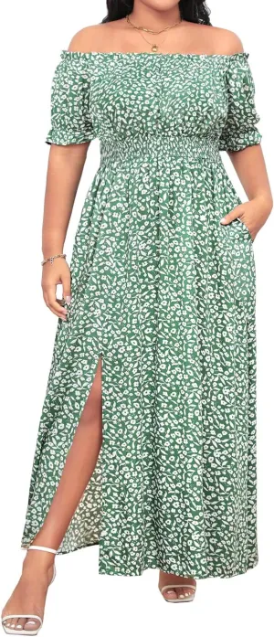 Holipick Women's Off The Shoulder Boho Dress Plus Size Floral Smocked Waist Split Summer Maxi Sundress with Pockets